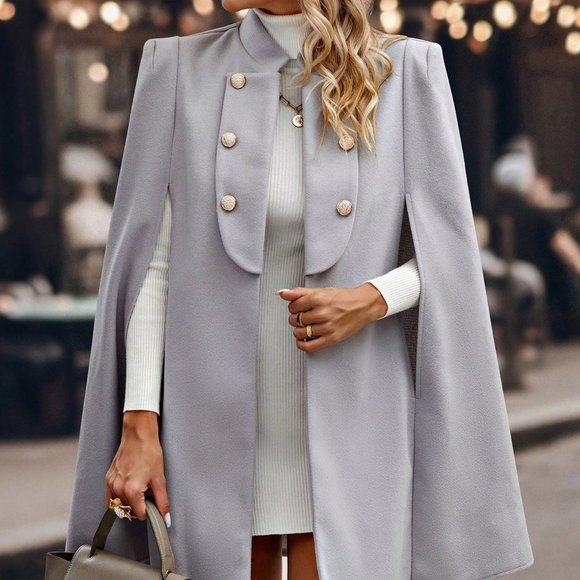 . Jackets & Blazers - Light Grey Casual Womens Cloak Sleeve Double Breasted Cape Overcoat